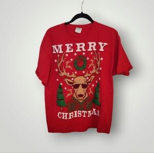 Dec.25th Men's Merry Christmas Reindeer Graphic Red T-Shirt Size XL